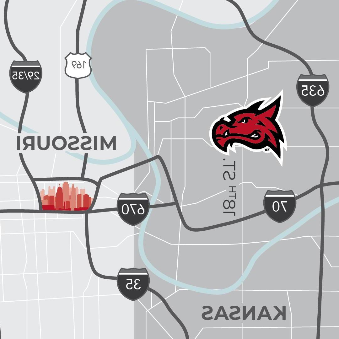 地图显示唐纳利的校园与堪萨斯市中心的对比